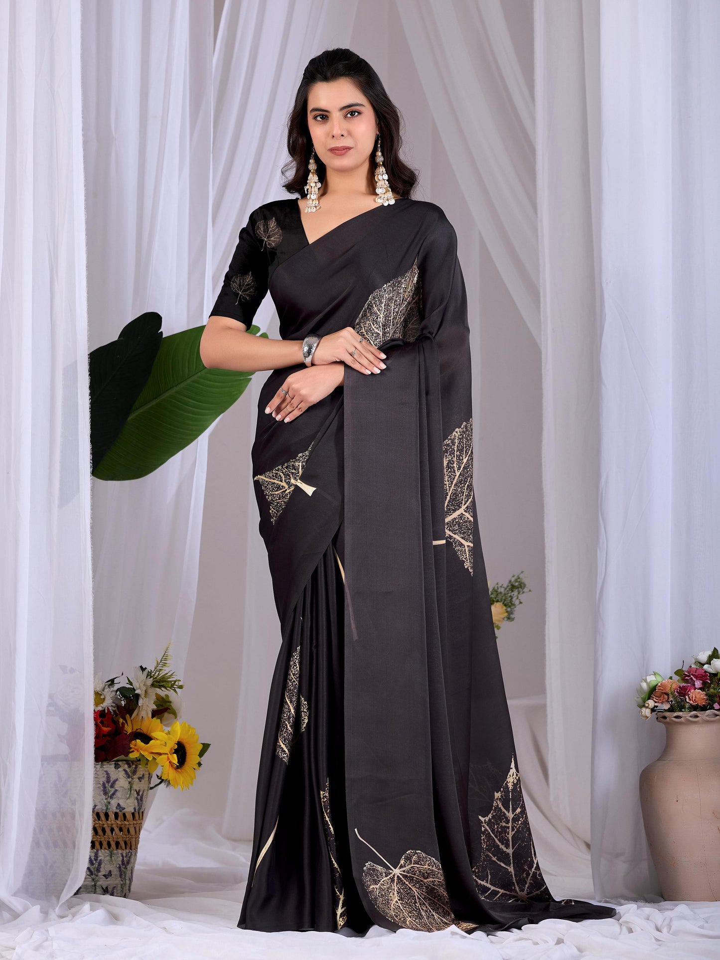 Aastha Fashion Black Soft Satin Georgette Printed Saree