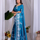 Aastha Fashion Teal Blue Soft Satin Georgette Printed Saree