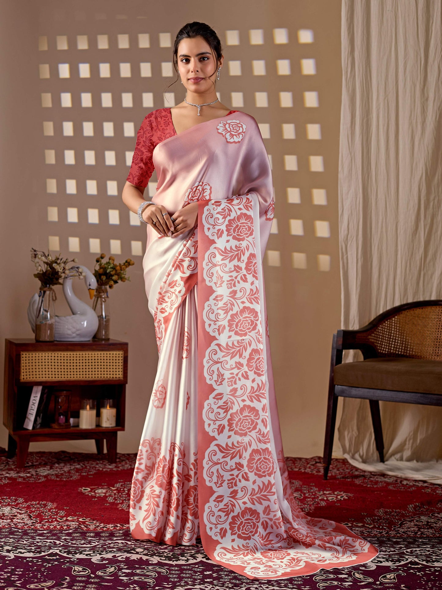 Aastha Fashion Peach Soft Satin Georgette Printed Saree