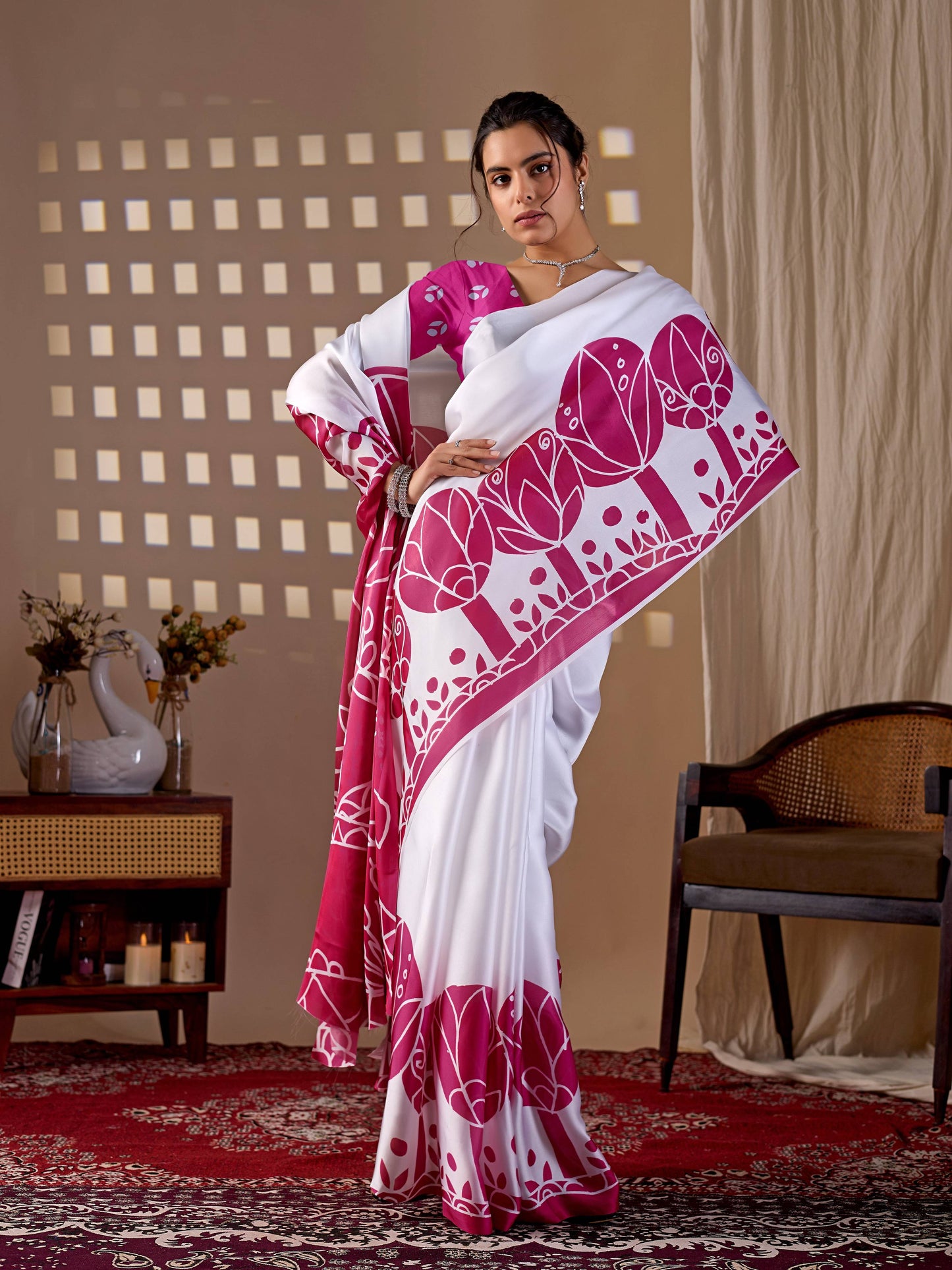 Aastha Fashion White Soft Satin Georgette Printed Saree