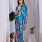 Aastha Fashion Teal Soft Satin Georgette Printed Saree