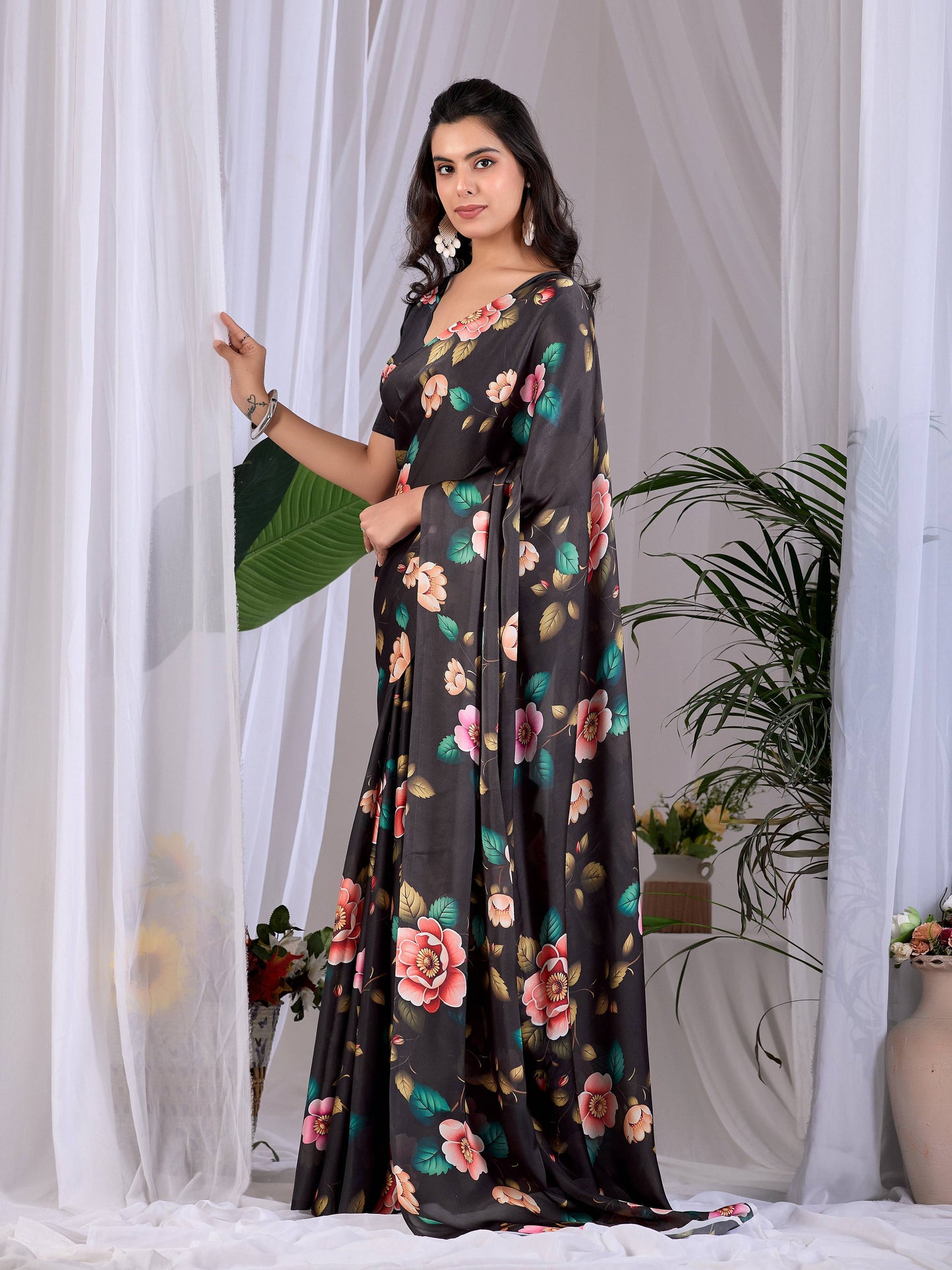 Aastha Fashion Black Soft Satin Georgette Printed Saree