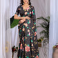 Aastha Fashion Black Soft Satin Georgette Printed Saree