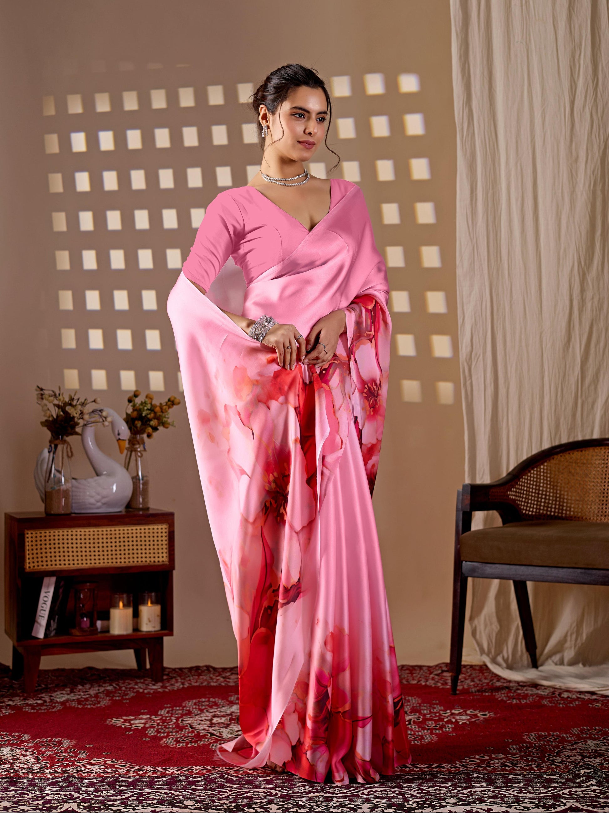Aastha Fashion Pink Soft Satin Georgette Printed Saree
