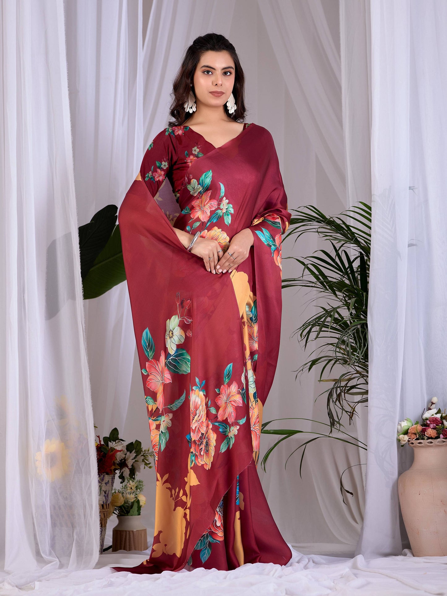 Aastha Fashion Maroon Soft Satin Georgette Printed Saree