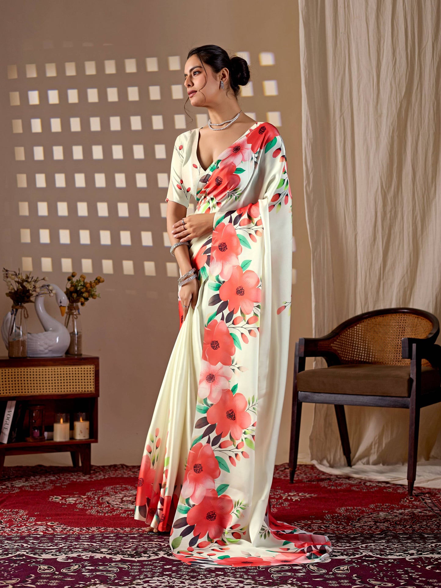 Aastha Fashion Cream Soft Satin Georgette Printed Saree
