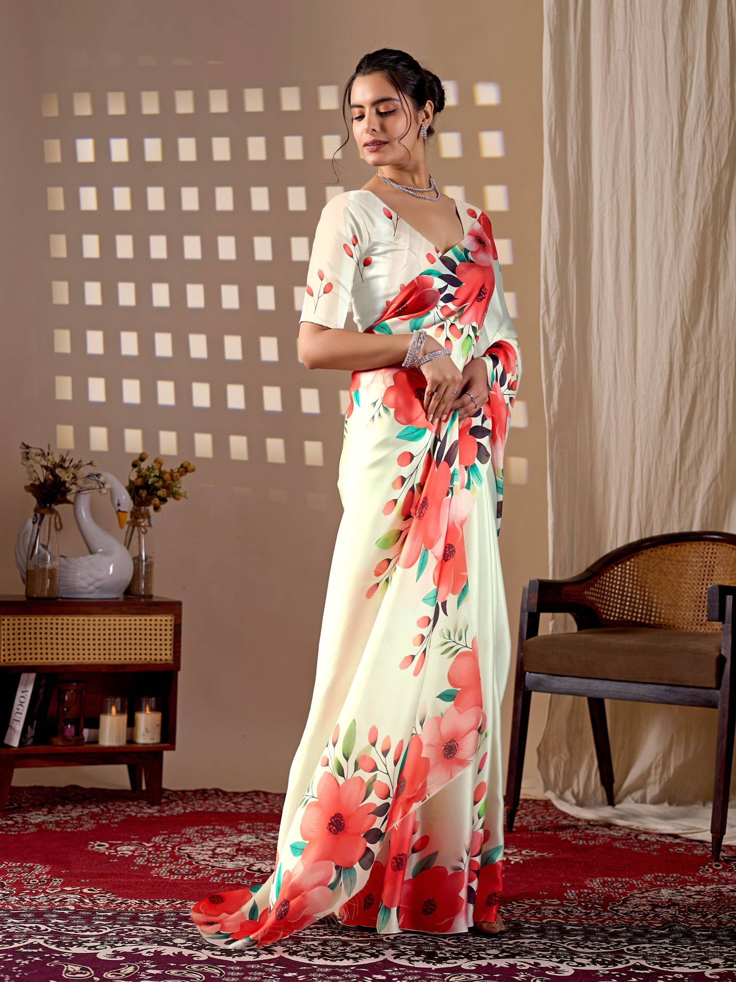 Aastha Fashion Cream Soft Satin Georgette Printed Saree