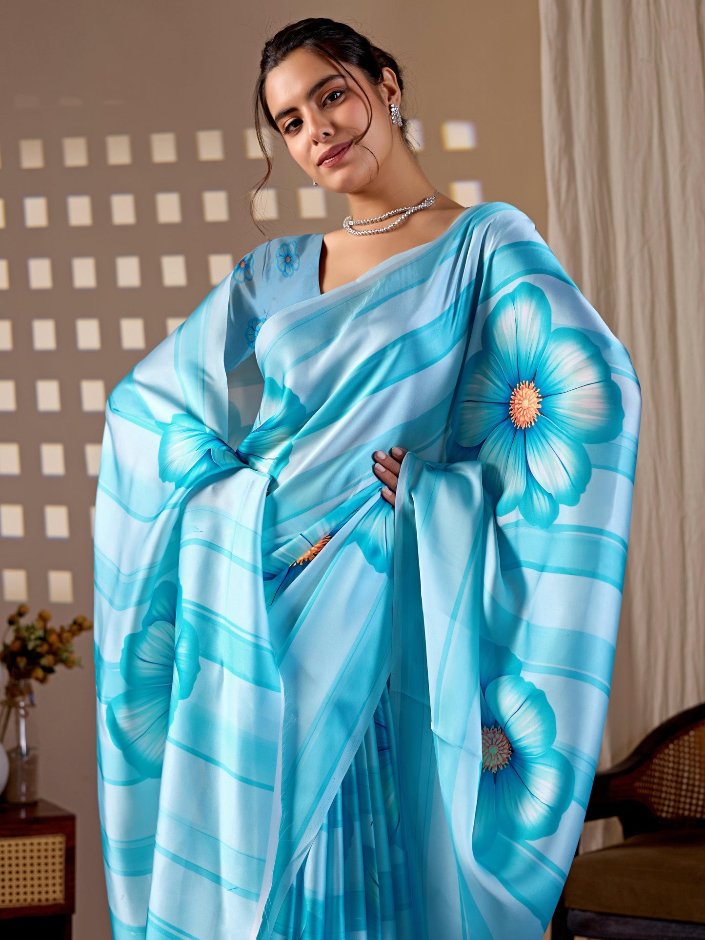 Aastha Fashion Sky Soft Satin Georgette Printed Saree
