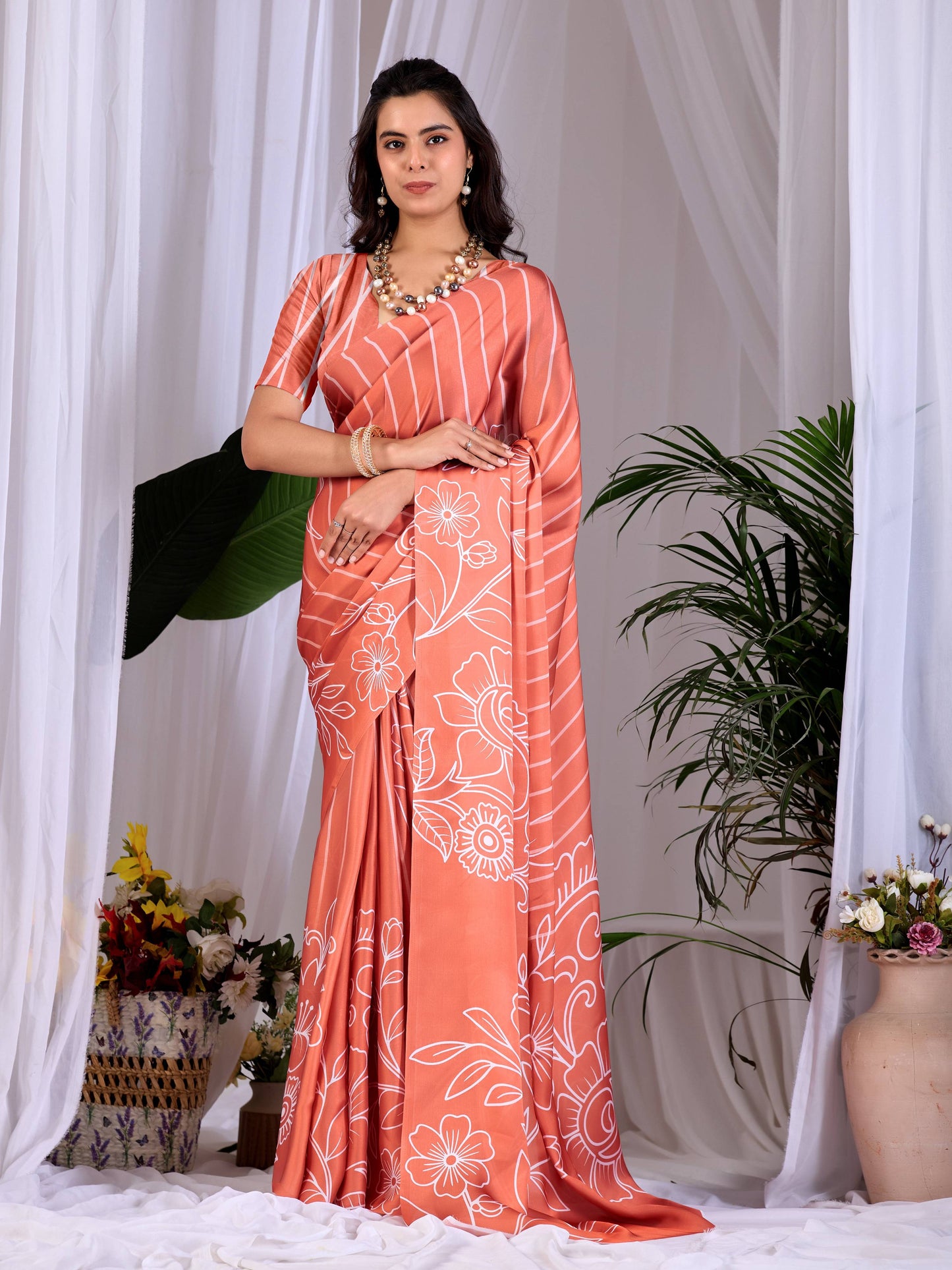 Aastha Fashion Rust Soft Satin Georgette Printed Saree