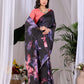 Aastha Fashion Black Soft Satin Georgette Printed Saree