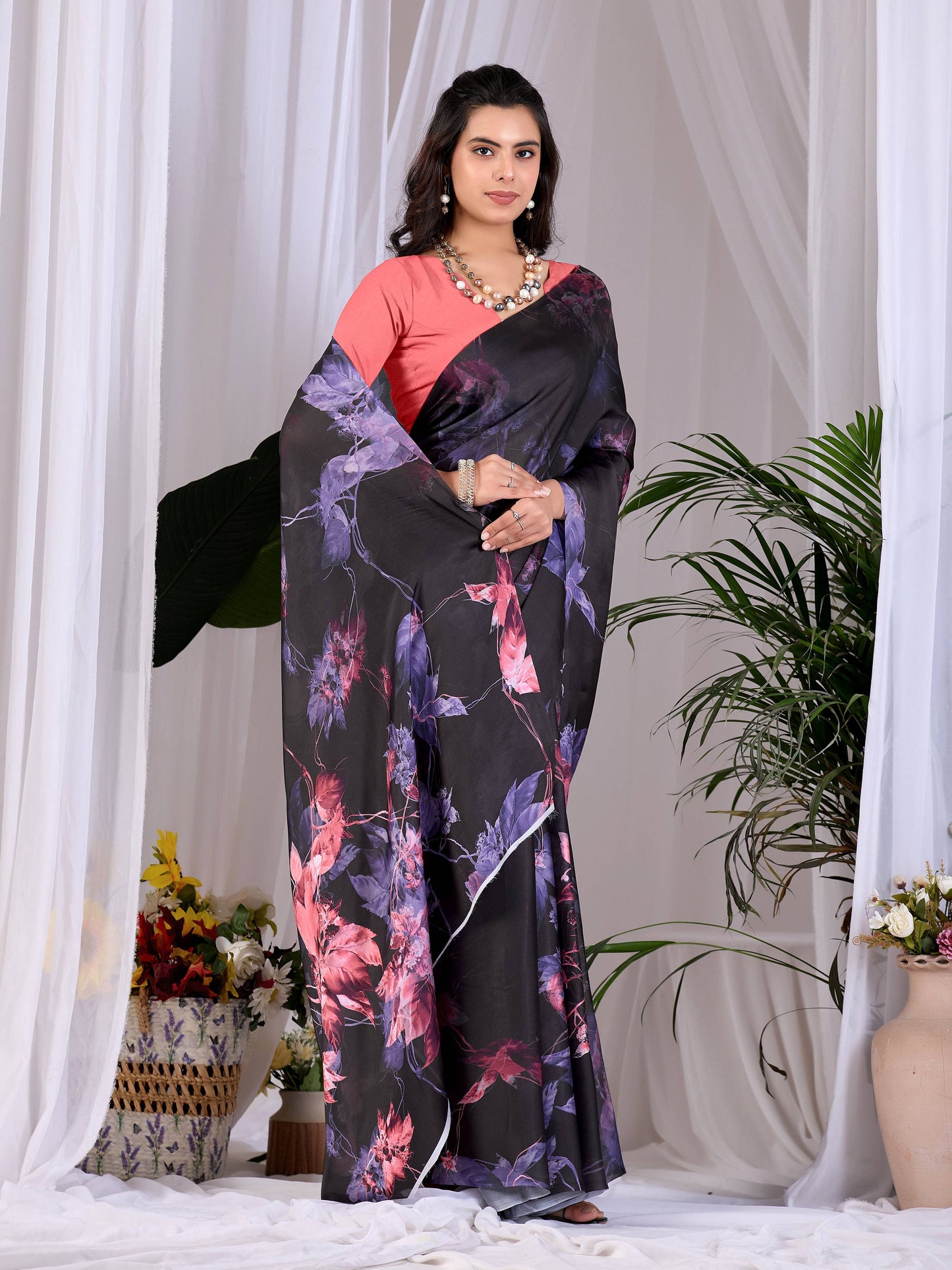 Aastha Fashion Black Soft Satin Georgette Printed Saree