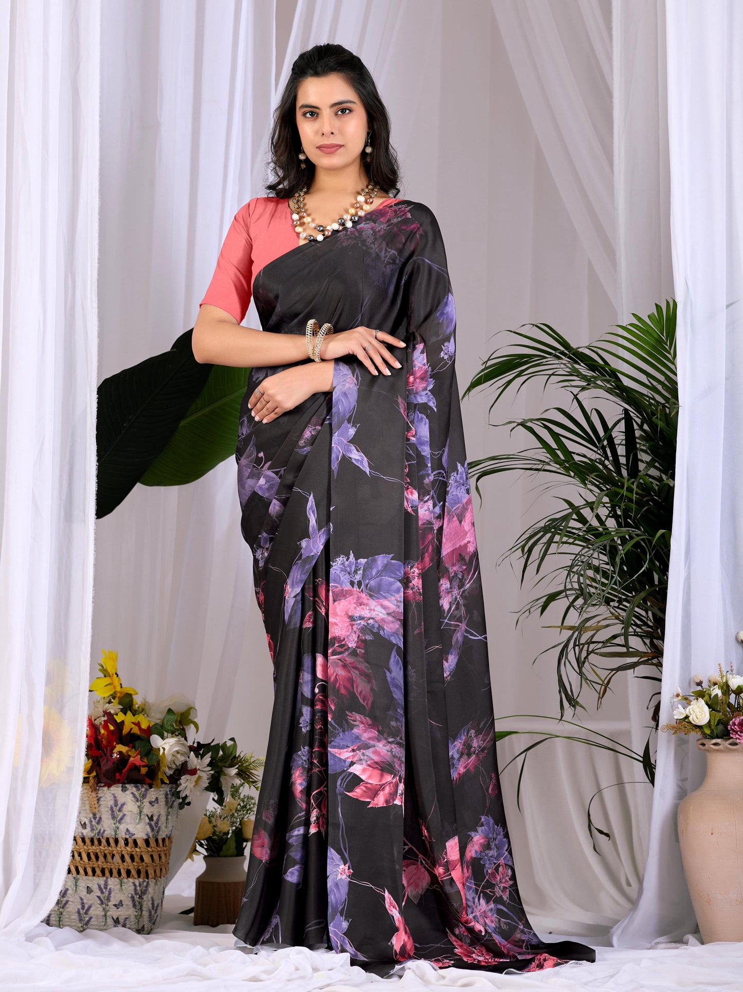 Aastha Fashion Black Soft Satin Georgette Printed Saree