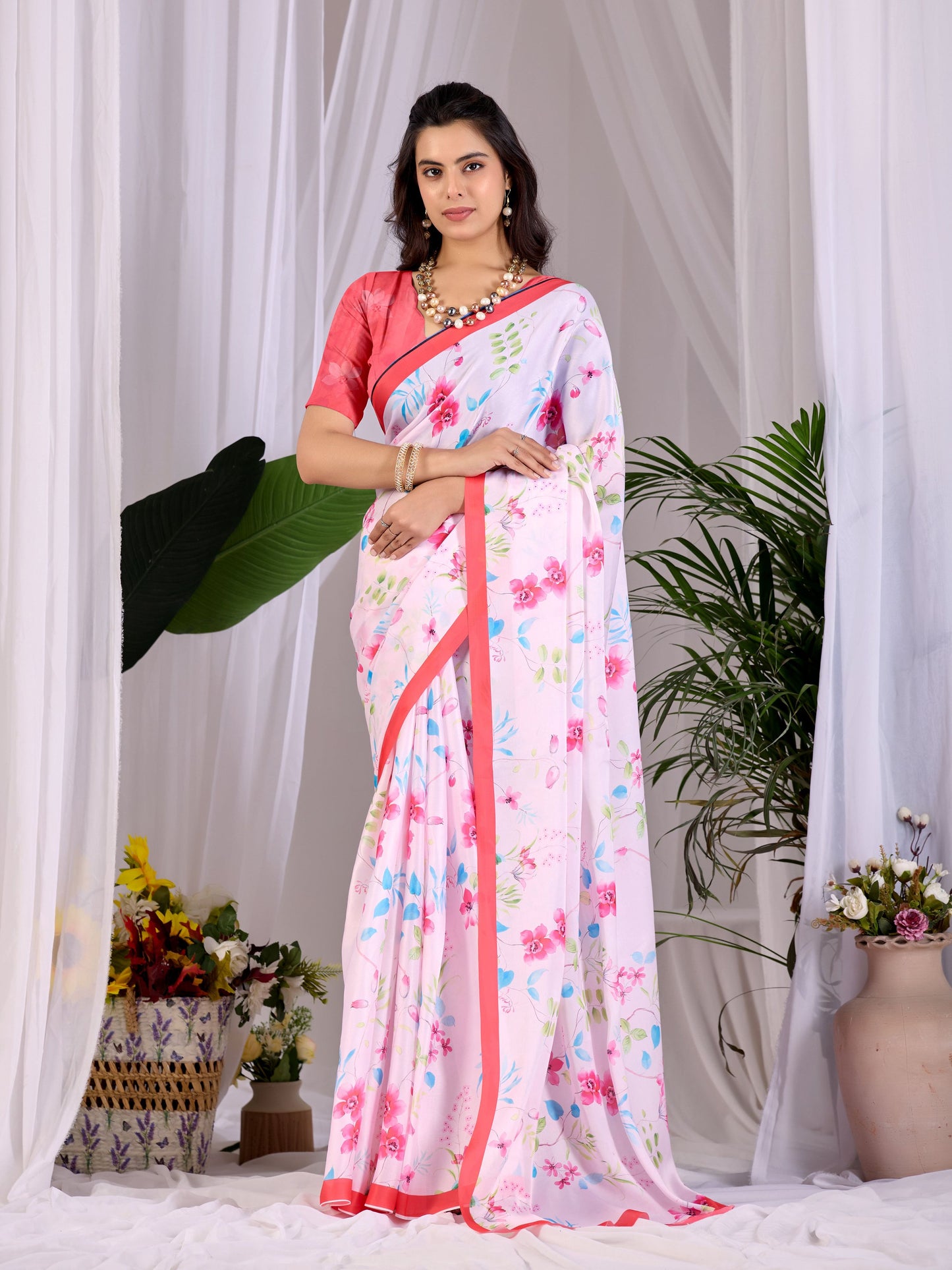 Aastha Fashion Pink Soft Satin Georgette Printed Saree