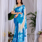 Aastha Fashion Teal Blue Soft Satin Georgette Printed Saree