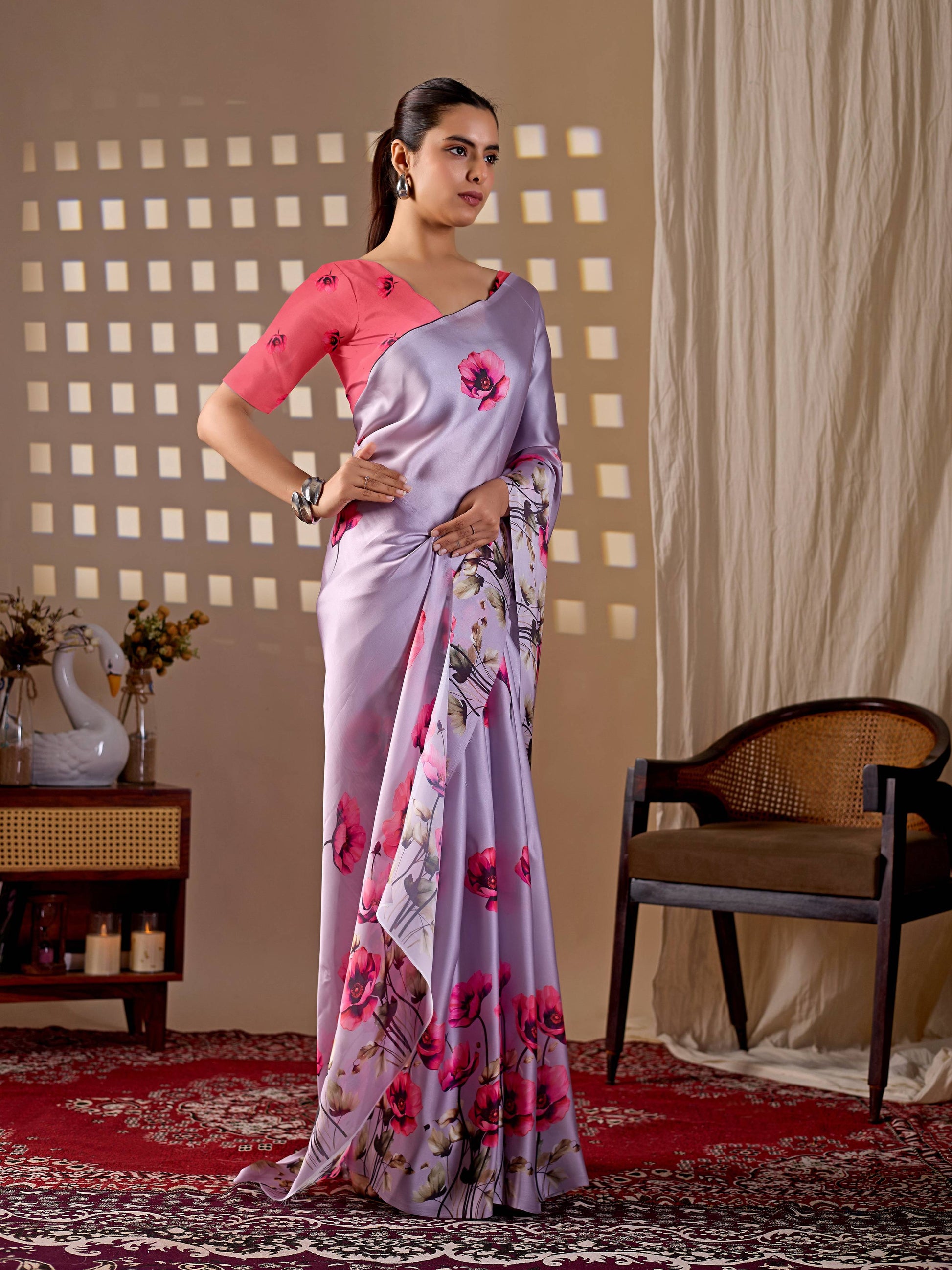 Aastha Fashion Lavender Soft Satin Georgette Printed Saree