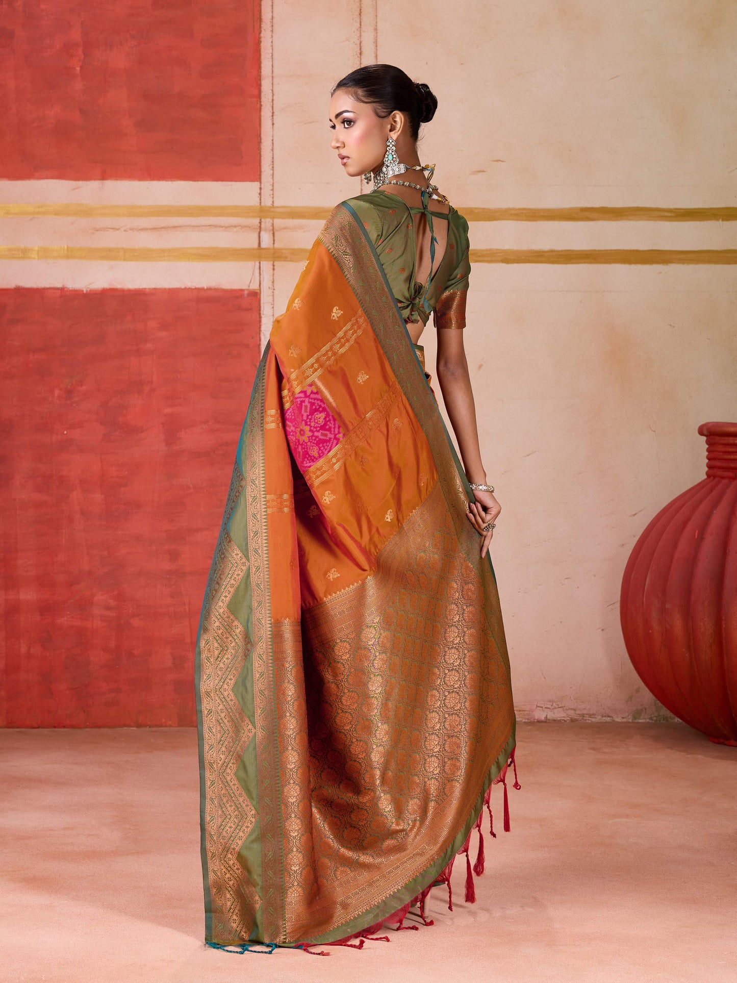 Aastha Fashion Orange Pure Silk Handloom Weaving Saree