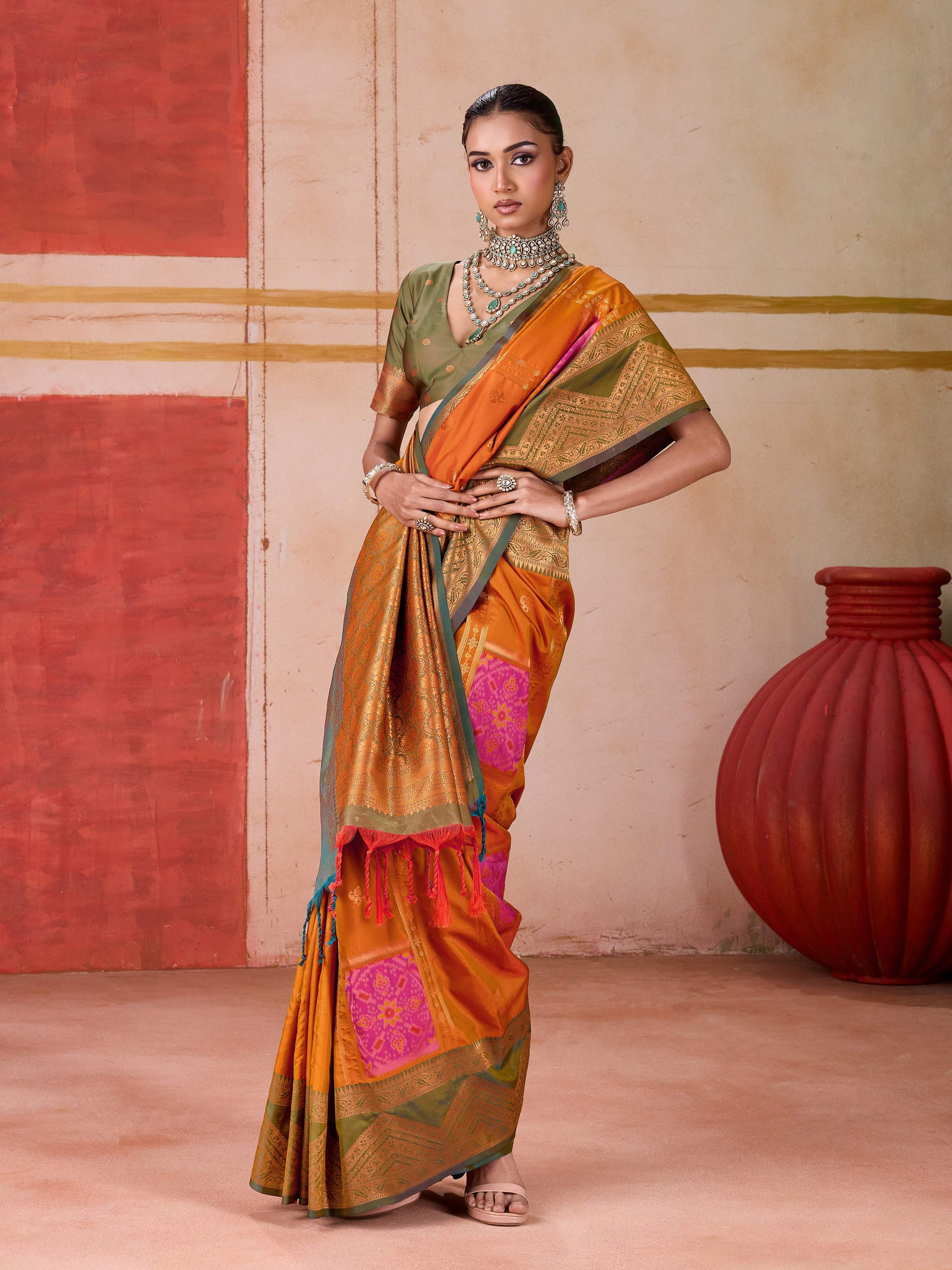 Aastha Fashion Orange Pure Silk Handloom Weaving Saree