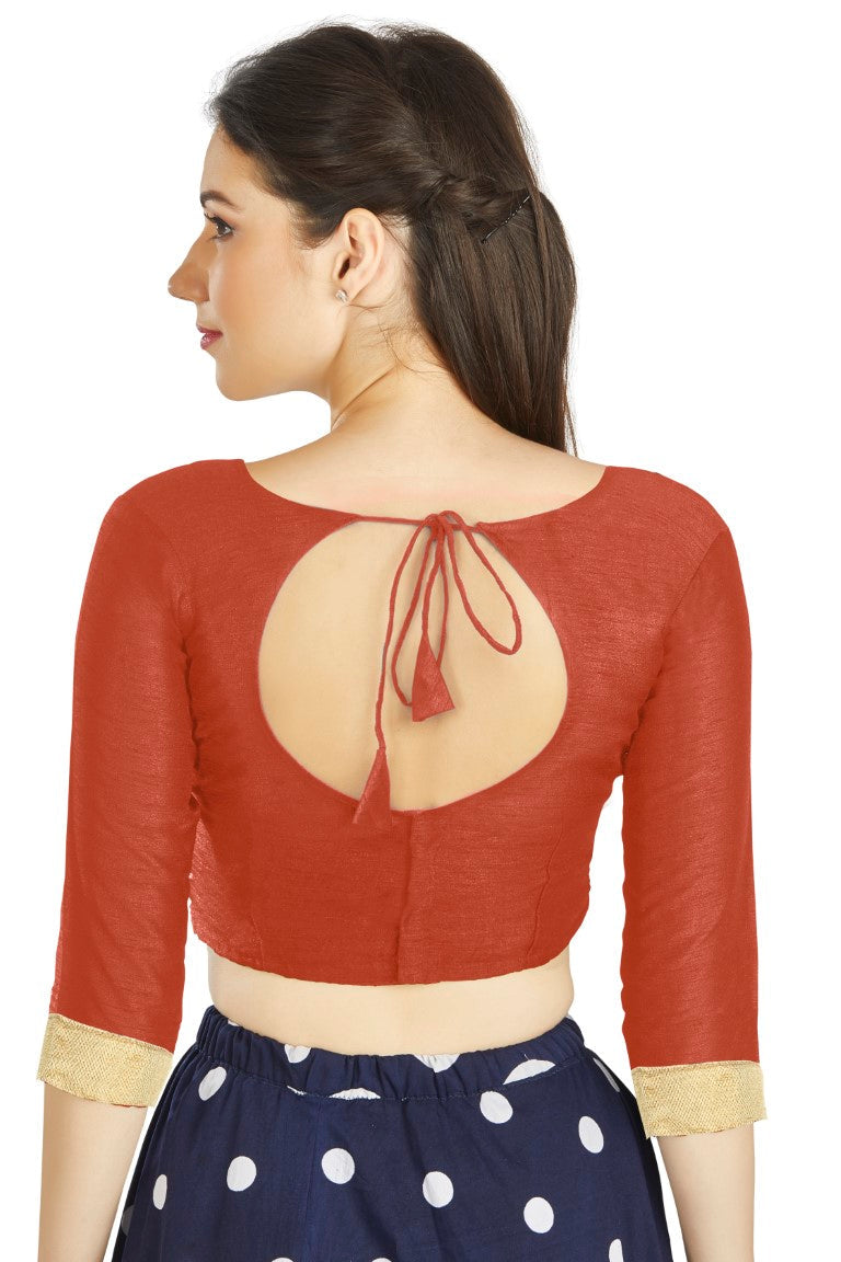 Aastha Fashion Orange Art silk U Neck Matty Work In Sleeve Readymade Blouse