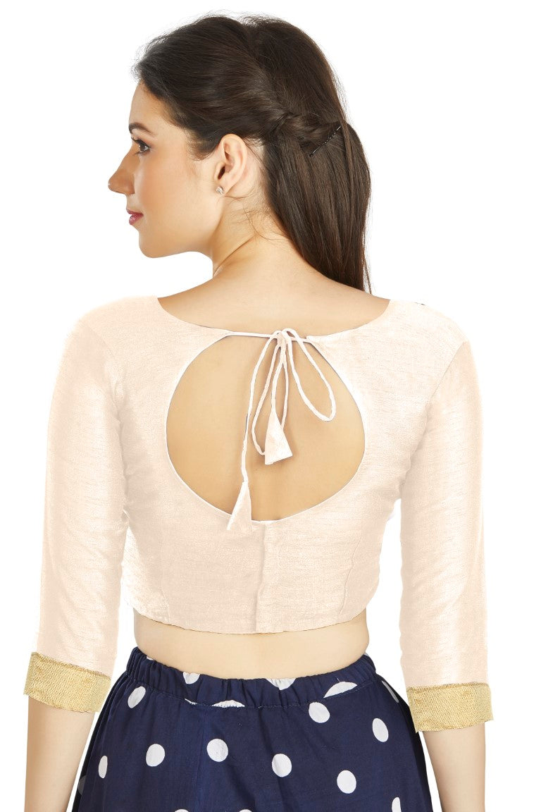 Aastha Fashion Off White Art silk U Neck Matty Work In Sleeve Readymade Blouse