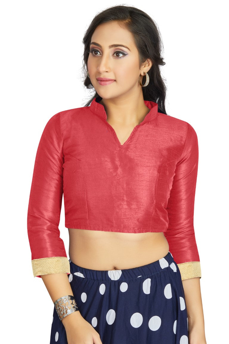 Aastha Fashion Gajri Art Silk V Neck Chinese Collar Matty In Sleeve Readymade Blouse