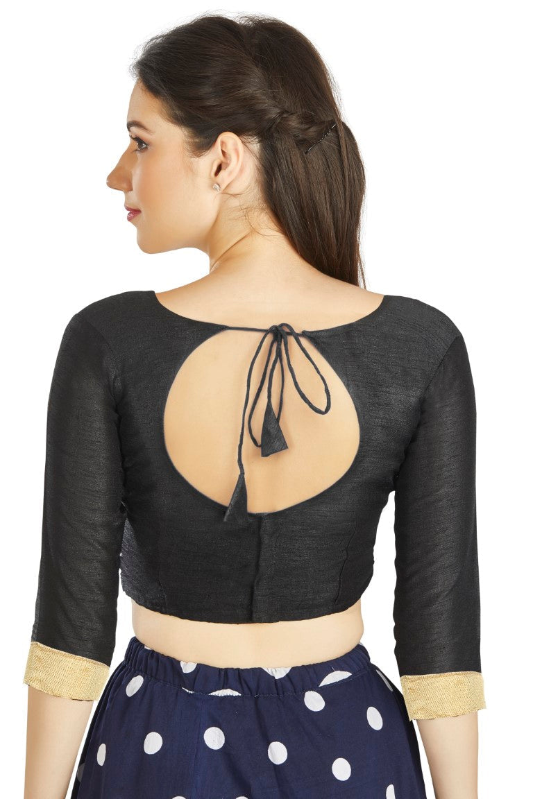 Aastha Fashion Black Art Silk Sweet Heart Neck style Matty in Sleeves Readymade Blouse