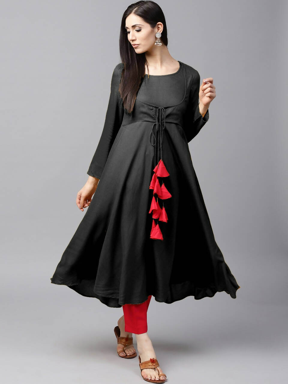 Women's Black Flared Kurti With Front Round Neck And Choli Cut With Dori And Tassels - G & A Apparels | Swadesiicart