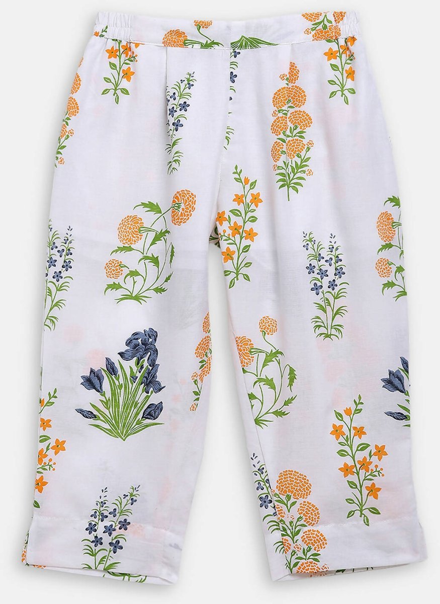 Ahalyaa White Cotton Straight Floral Printed Kids Kurta Pant Sets With Dupatta For Girls | Swadesiicart