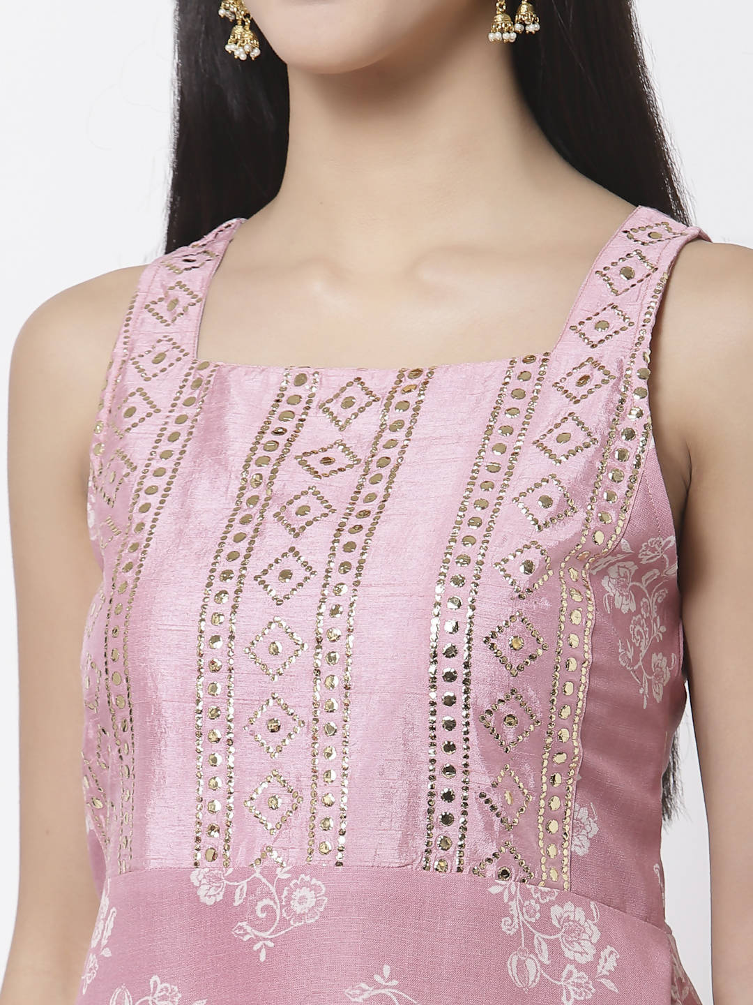 Myshka Women Peach Cotton Blend Printed Sleeveless Shoulder Straps Kurta With Sharara & Dupatta Set | Swadesiicart