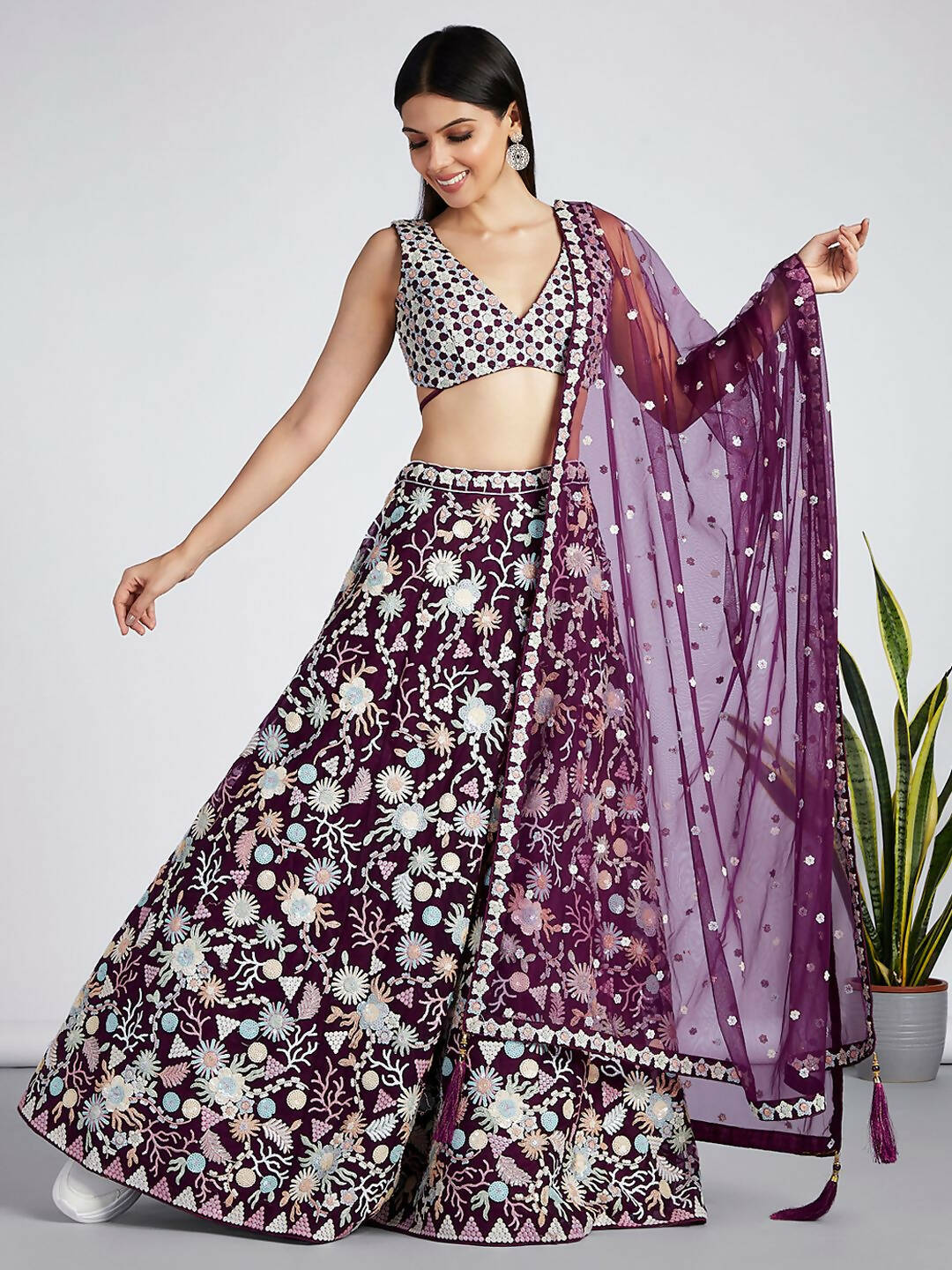 House of Panchhi Burgundy Net heavy Sequinse embroidery Semi-Stitched Lehenga choli & Dupatta | Swadesiicart