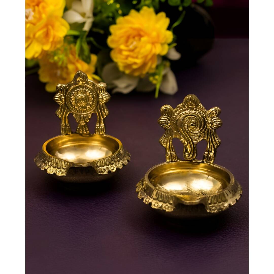 Spillbox Gold-Toned Brass 2 Pieces Shangu Chakra Kuber Diya Pooja Essentials | Swadesiicart