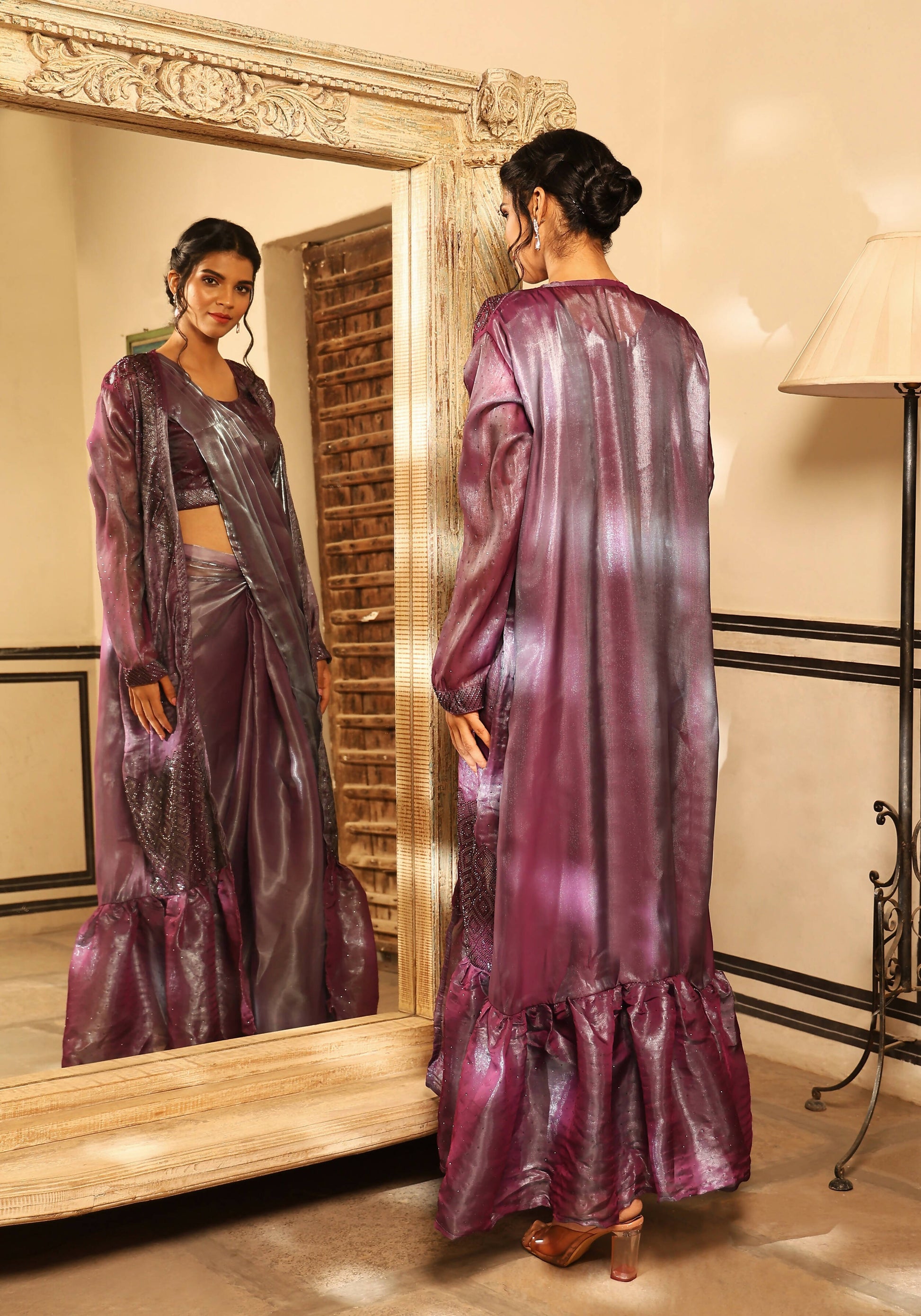 Lavender Tom Silk Plain Ready To Wear Saree With Stitched Blouse - Satiksha | Swadesiicart
