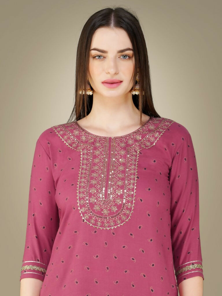 Jyoti Fashion Women's Wine Cotton Magic Slub Embroidery & Sequence work Kurta with Trouser & Dupatta | Swadesiicart