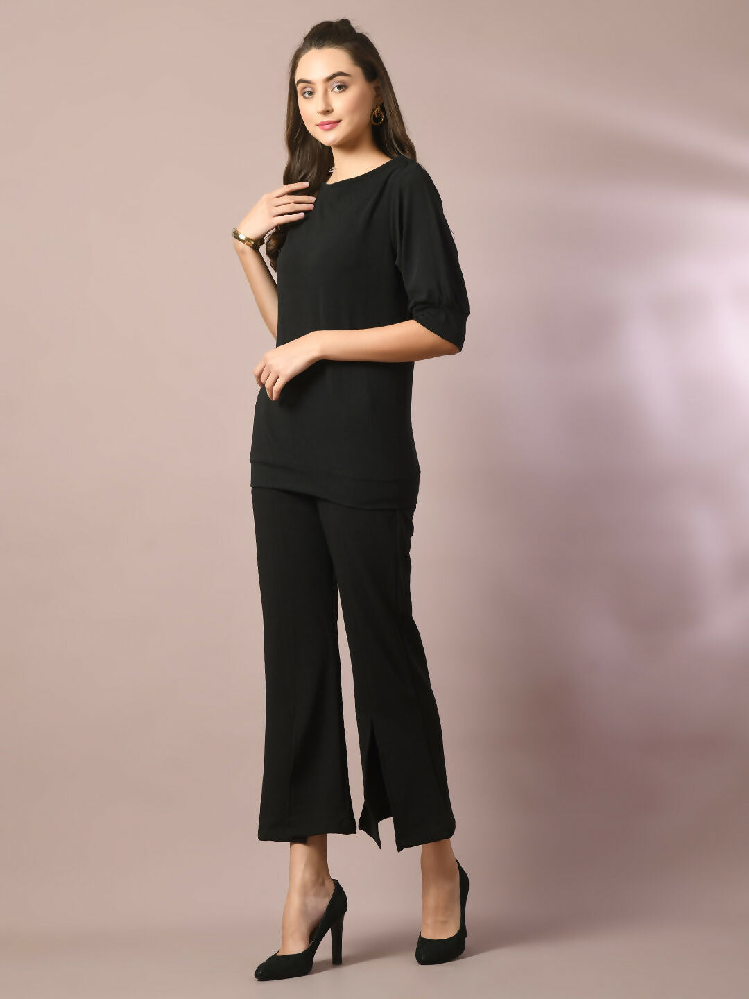 Myshka Women's Black Solid Boat Neck Party Top With Trousers Co-ord set - Swadesiicart