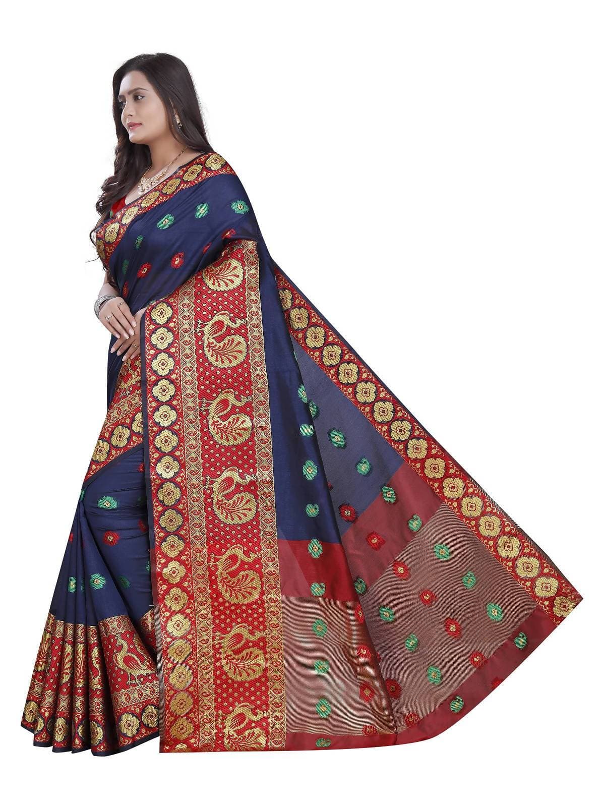 Vamika Banarasi Cotton Silk Navy Blue Weaving Saree | Swadesiicart