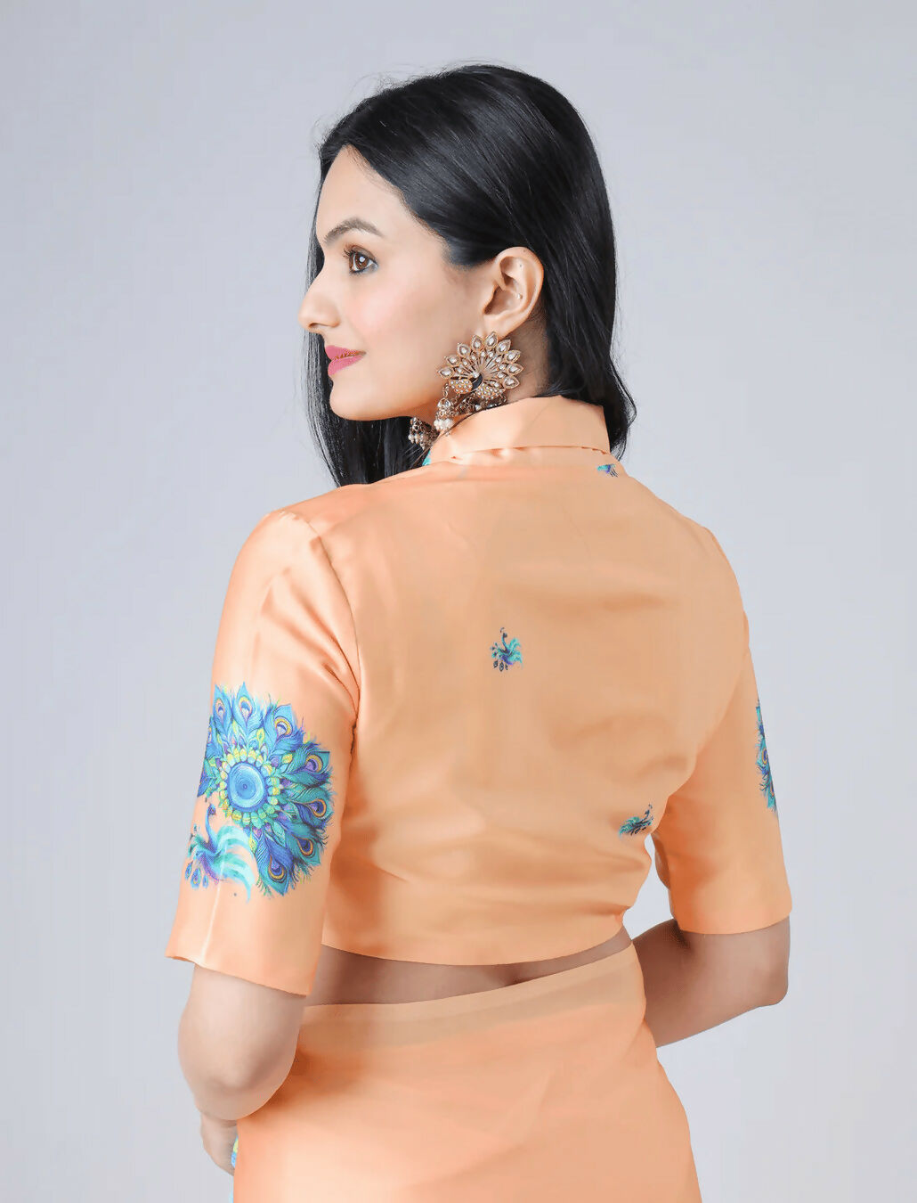 Vastranavya Peach Peacock Print Free Hand Ready to Wear Saree | Swadesiicart