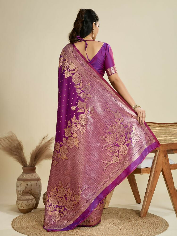 Vishnu Weaves Women's Purple Banarasi Silk Zari Woven Saree with Blouse - Swadesiicart