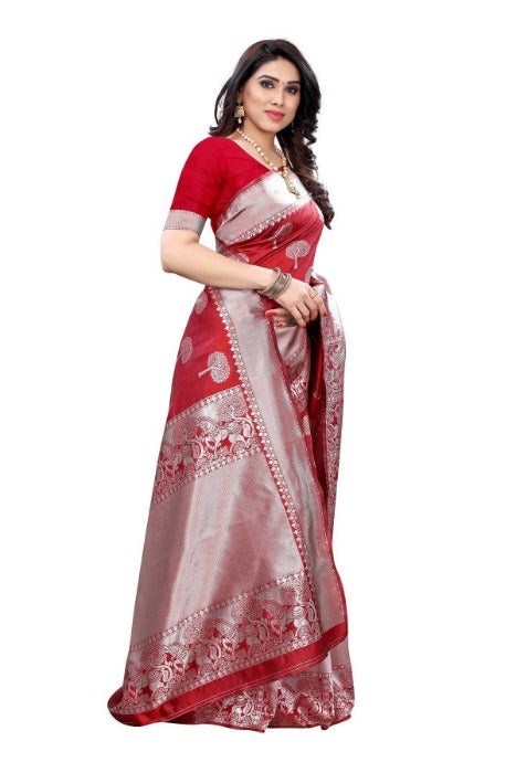 Vamika Banarasi Jacquard Weaving Red Saree (AMEE RED) | Swadesiicart