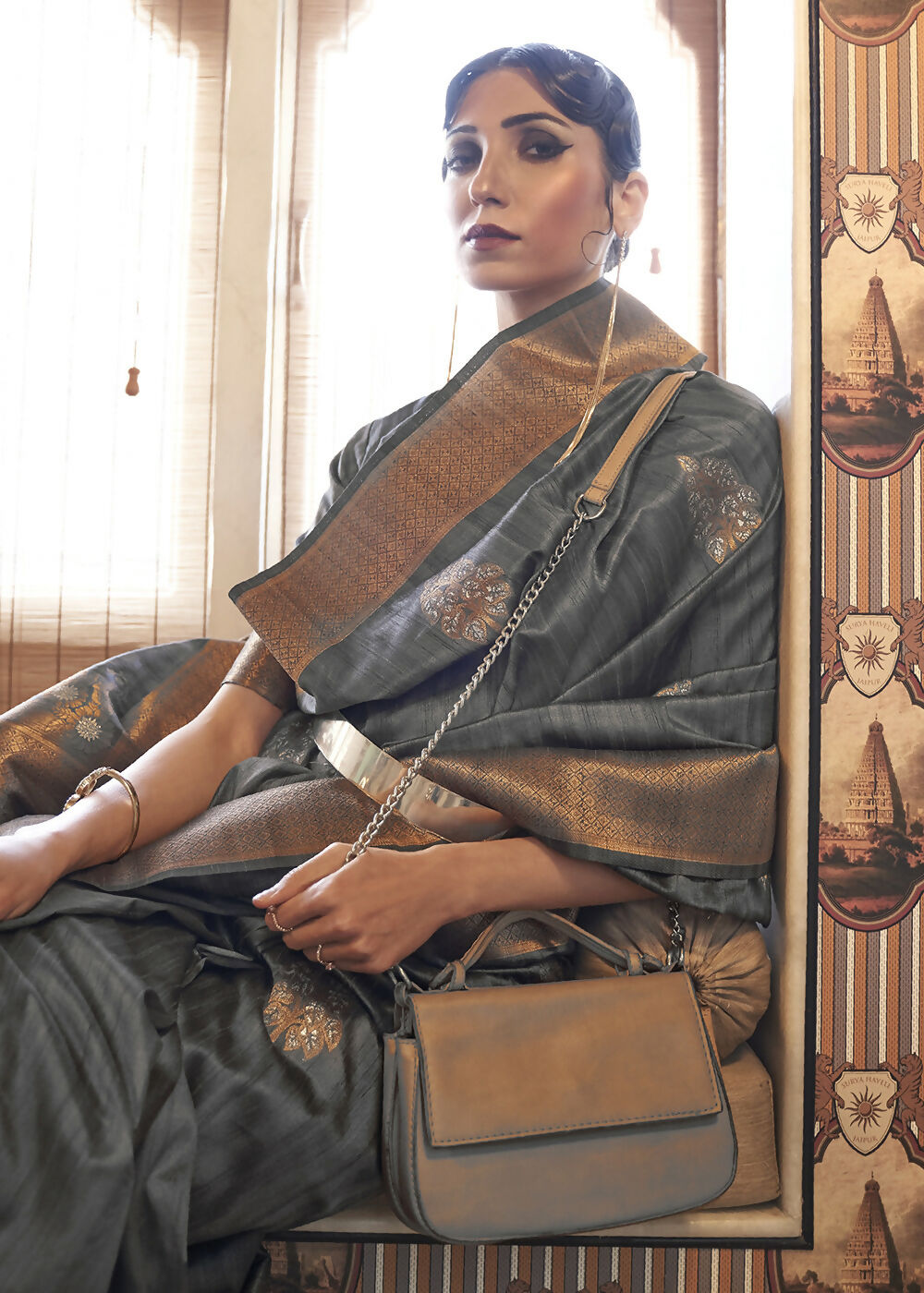 Platinum Grey Tussar Banarasi Silk Designer Saree - Emponline | Swadesiicart