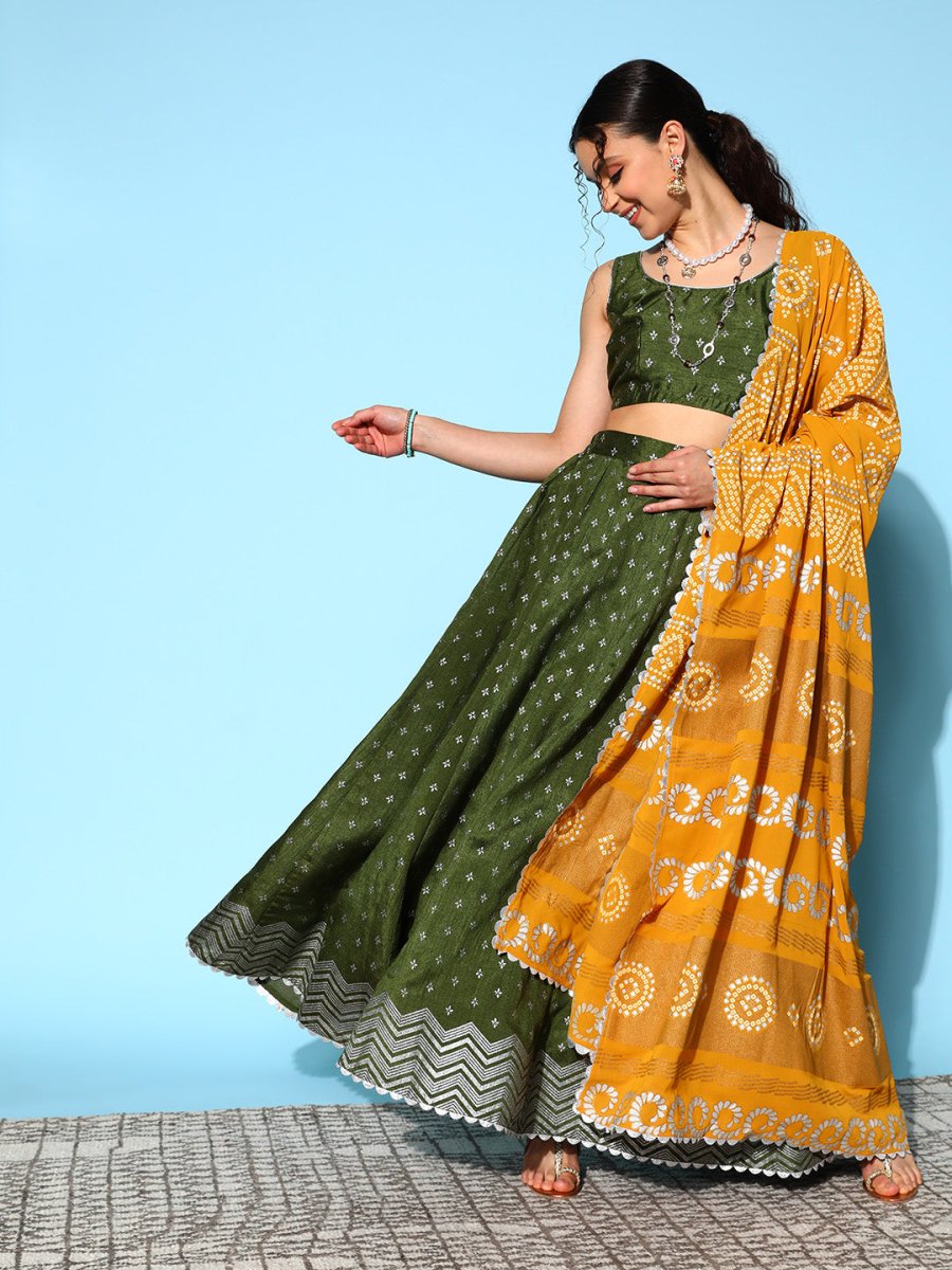 Ahalyaa Olive Green & Silver-Toned Printed Ready to Wear Lehenga & Blouse With Dupatta | Swadesiicart