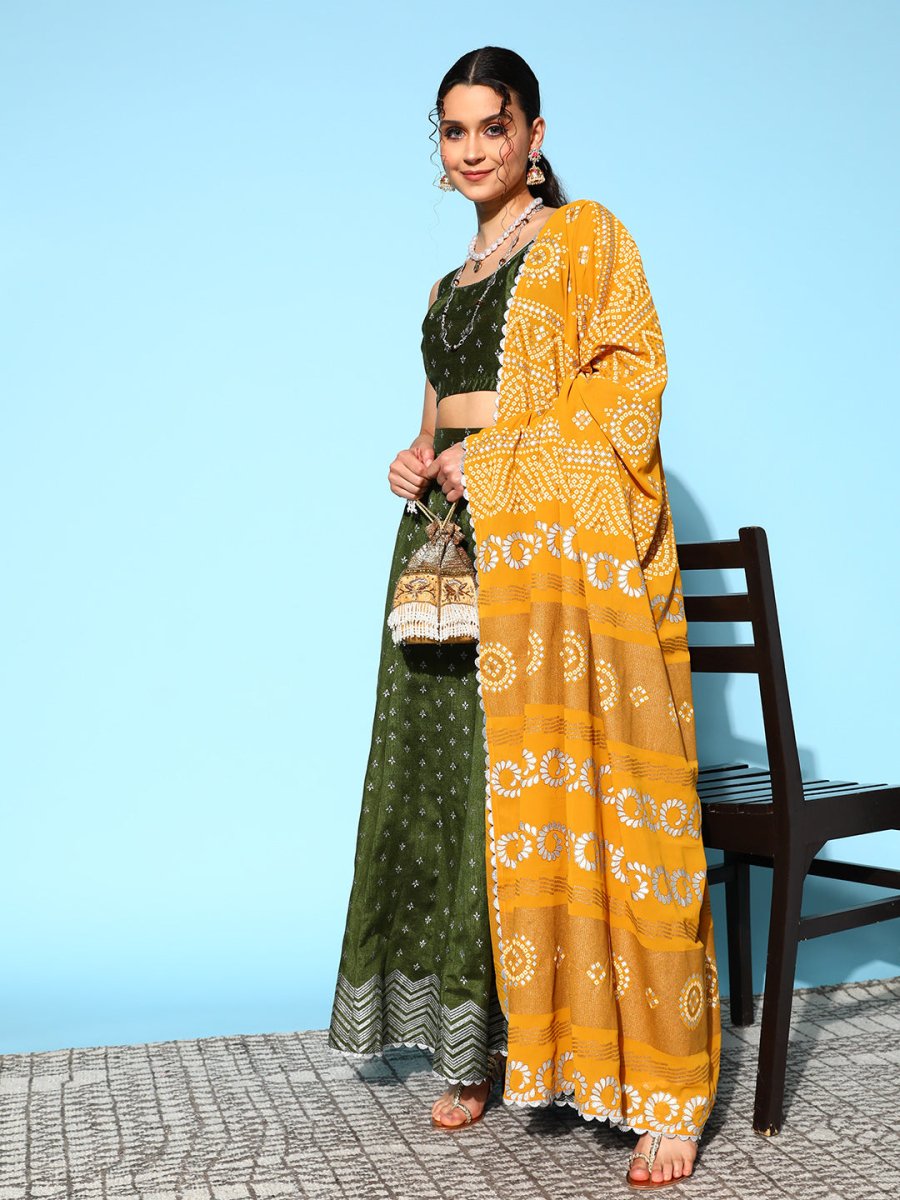 Ahalyaa Olive Green & Silver-Toned Printed Ready to Wear Lehenga & Blouse With Dupatta | Swadesiicart