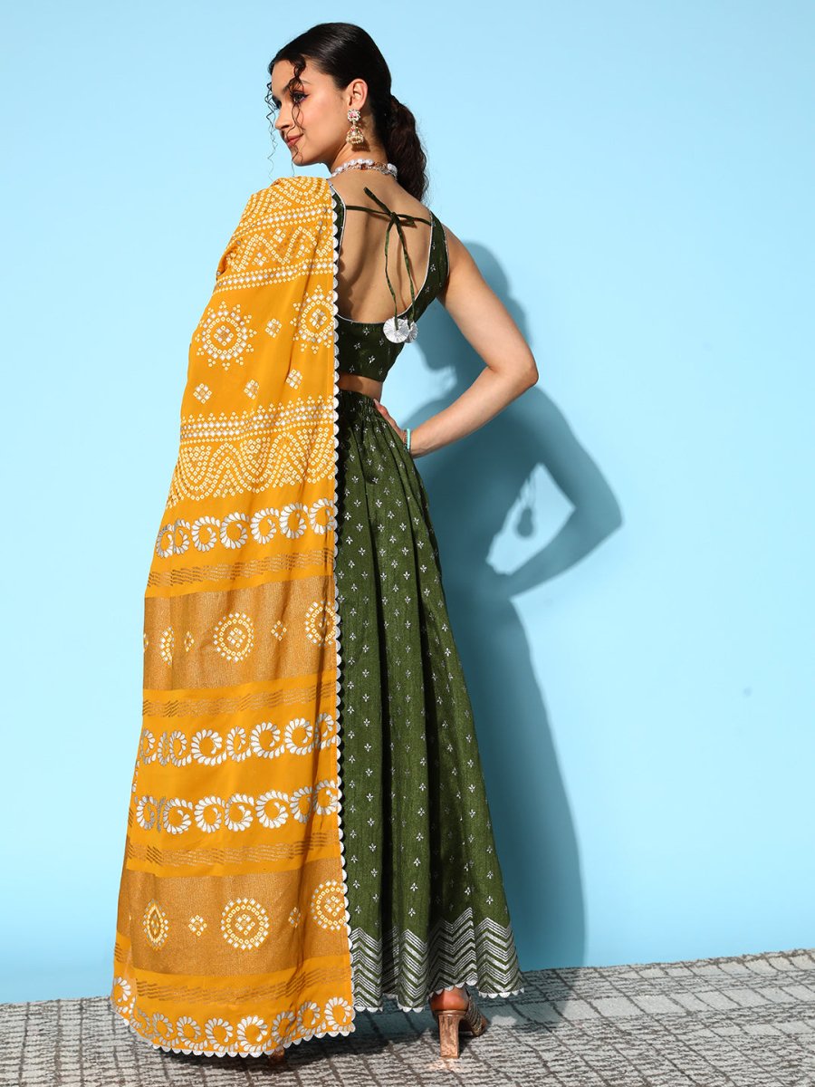 Ahalyaa Olive Green & Silver-Toned Printed Ready to Wear Lehenga & Blouse With Dupatta | Swadesiicart