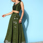 Ahalyaa Olive Green & Silver-Toned Printed Ready to Wear Lehenga & Blouse With Dupatta | Swadesiicart