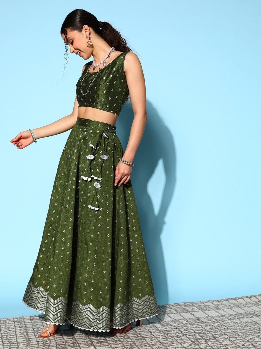 Ahalyaa Olive Green & Silver-Toned Printed Ready to Wear Lehenga & Blouse With Dupatta | Swadesiicart