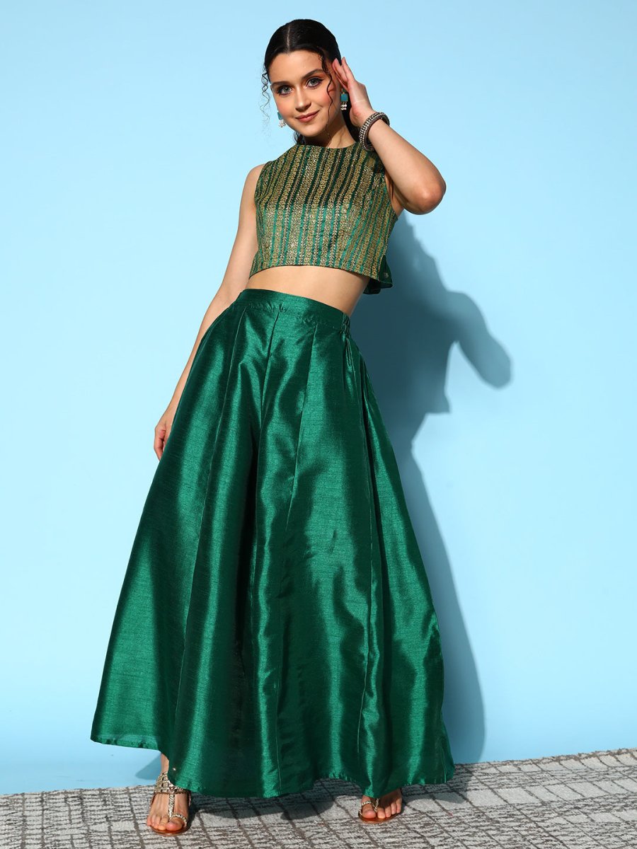 Ahalyaa Women Green & Gold-Toned Printed Co-ords - Swadesiicart