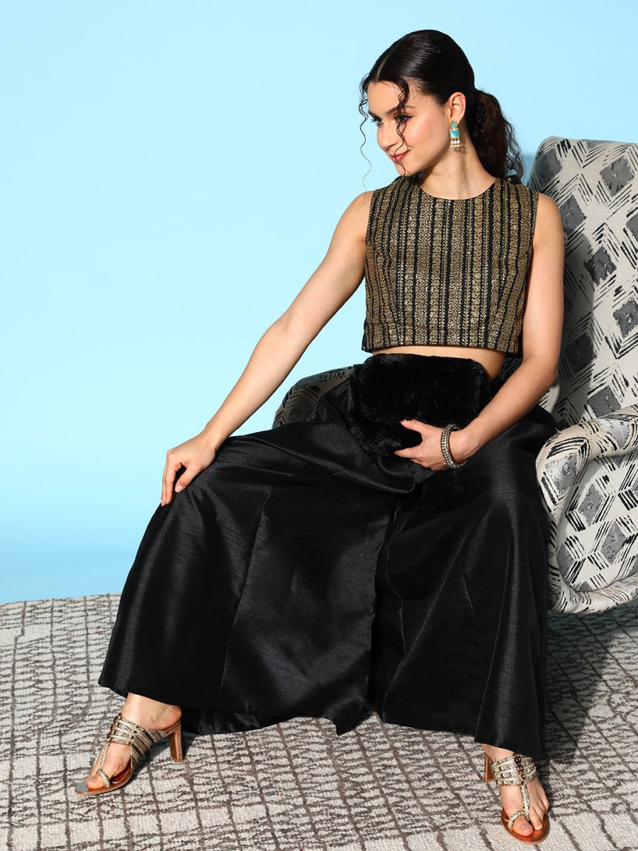 Ahalyaa Women Black & Gold-Toned Printed Co-ords - Swadesiicart
