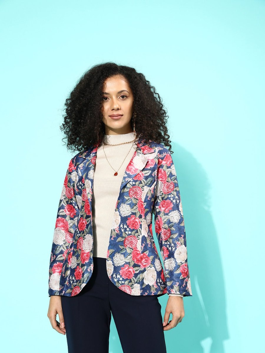 Ahalyaa Blue & Pink Floral Print Open Front Blazer | Swadesiicart