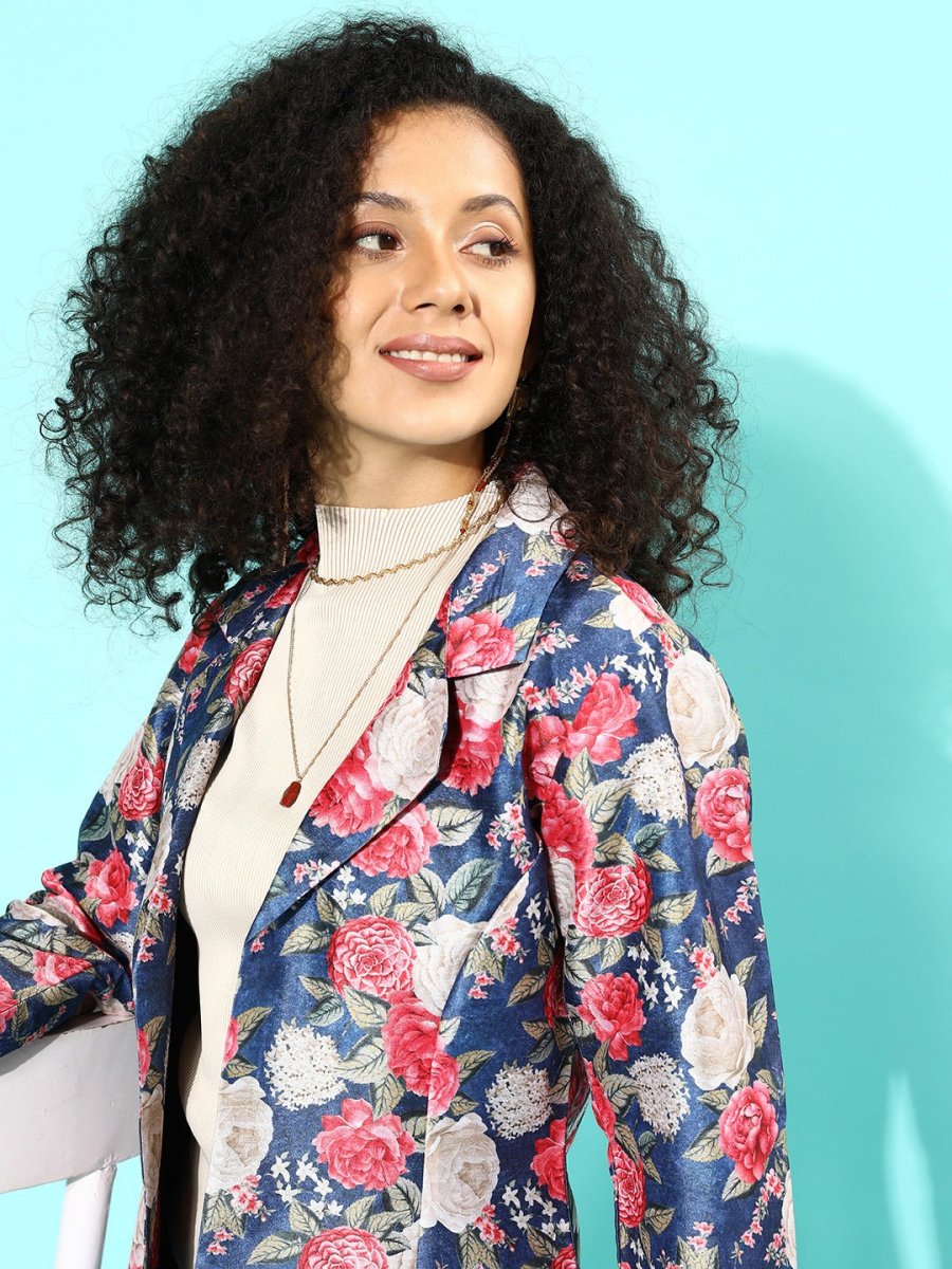 Ahalyaa Blue & Pink Floral Print Open Front Blazer | Swadesiicart