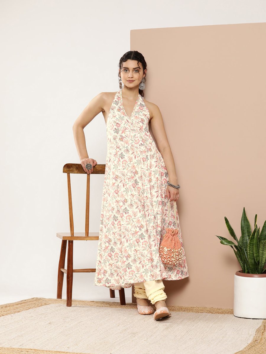 Ahalyaa Women Pink Floral Printed Empire Gotta Patti Kurta with Churidar | Swadesiicart