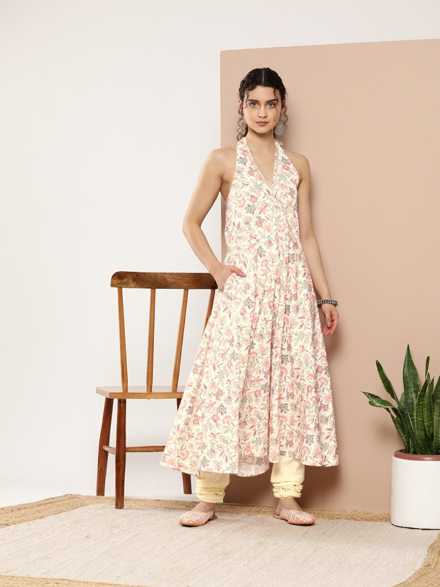 Ahalyaa Women Pink Floral Printed Empire Gotta Patti Kurta with Churidar | Swadesiicart
