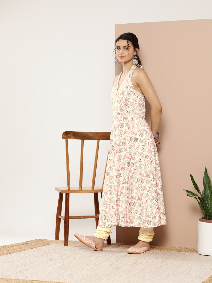 Ahalyaa Women Pink Floral Printed Empire Gotta Patti Kurta with Churidar | Swadesiicart